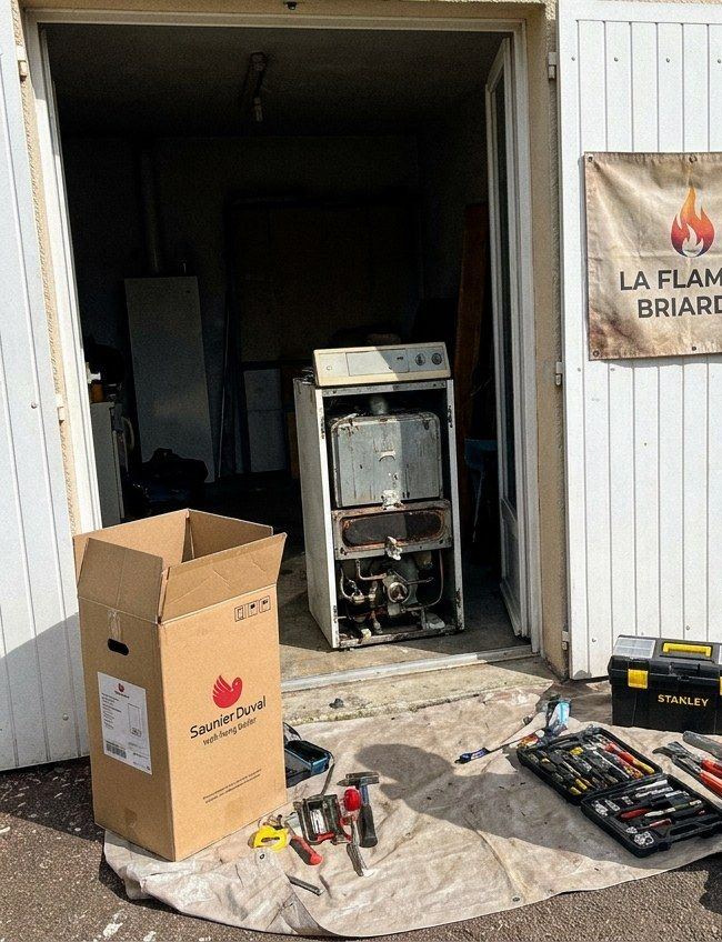 Ancienne chaudière au sol dans un garage, carton Saunier Duval et outils sur une bâche