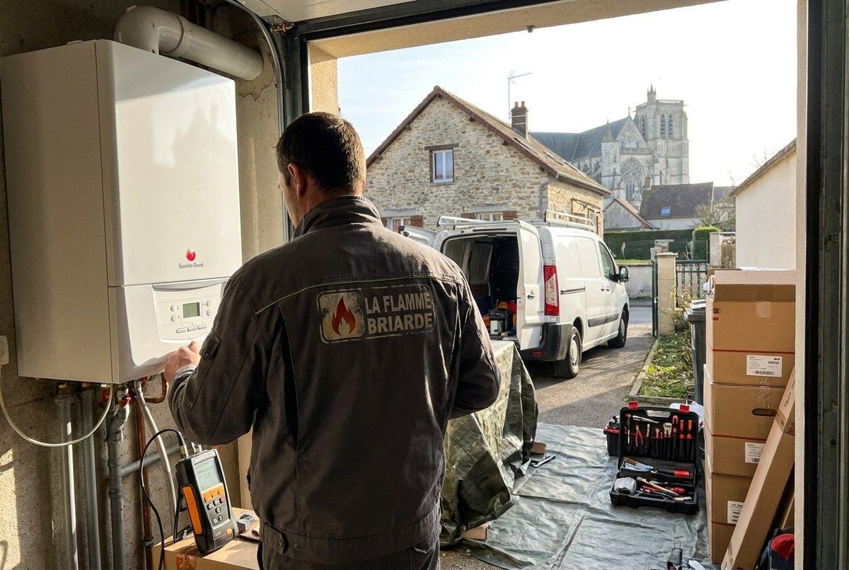 Technicien de dos réglant une chaudière murale dans un garage, cathédrale visible par la porte