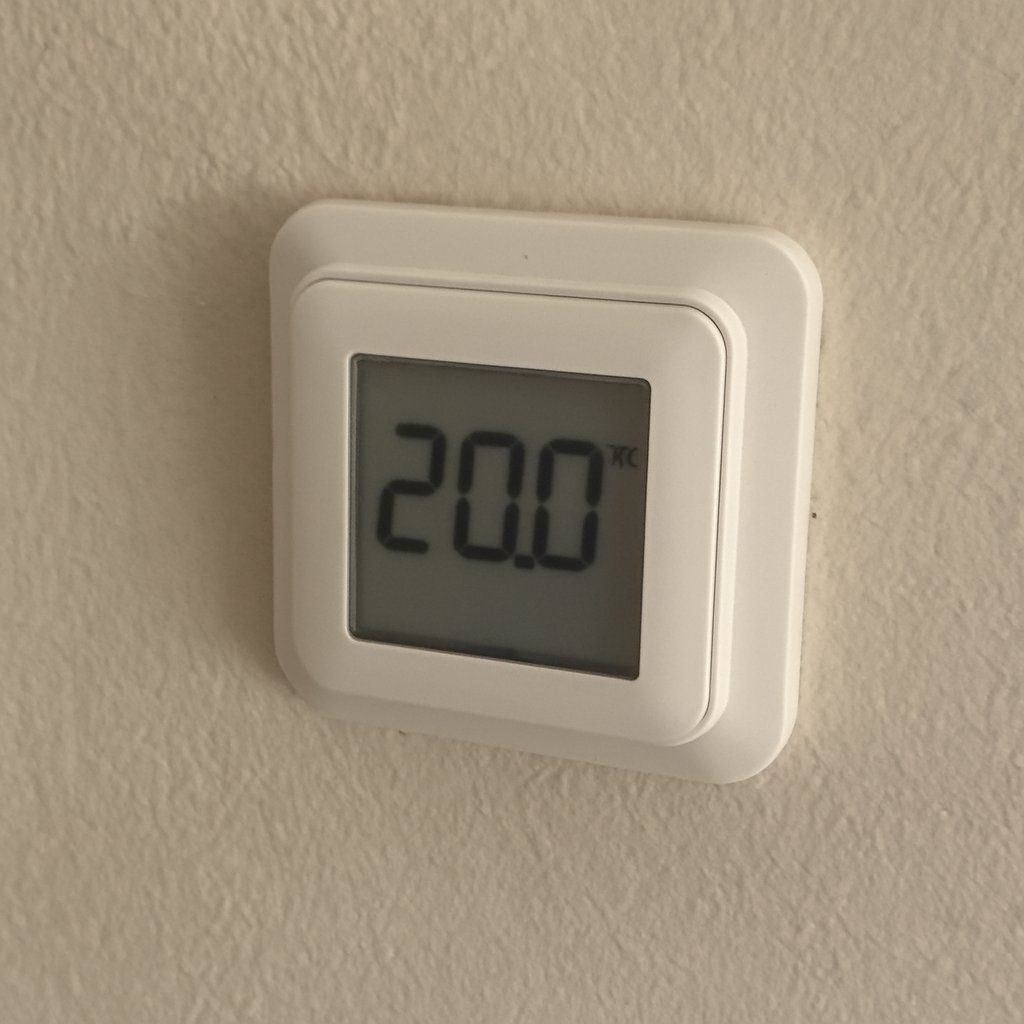 Thermostat d'ambiance blanc affichant 20 degrés