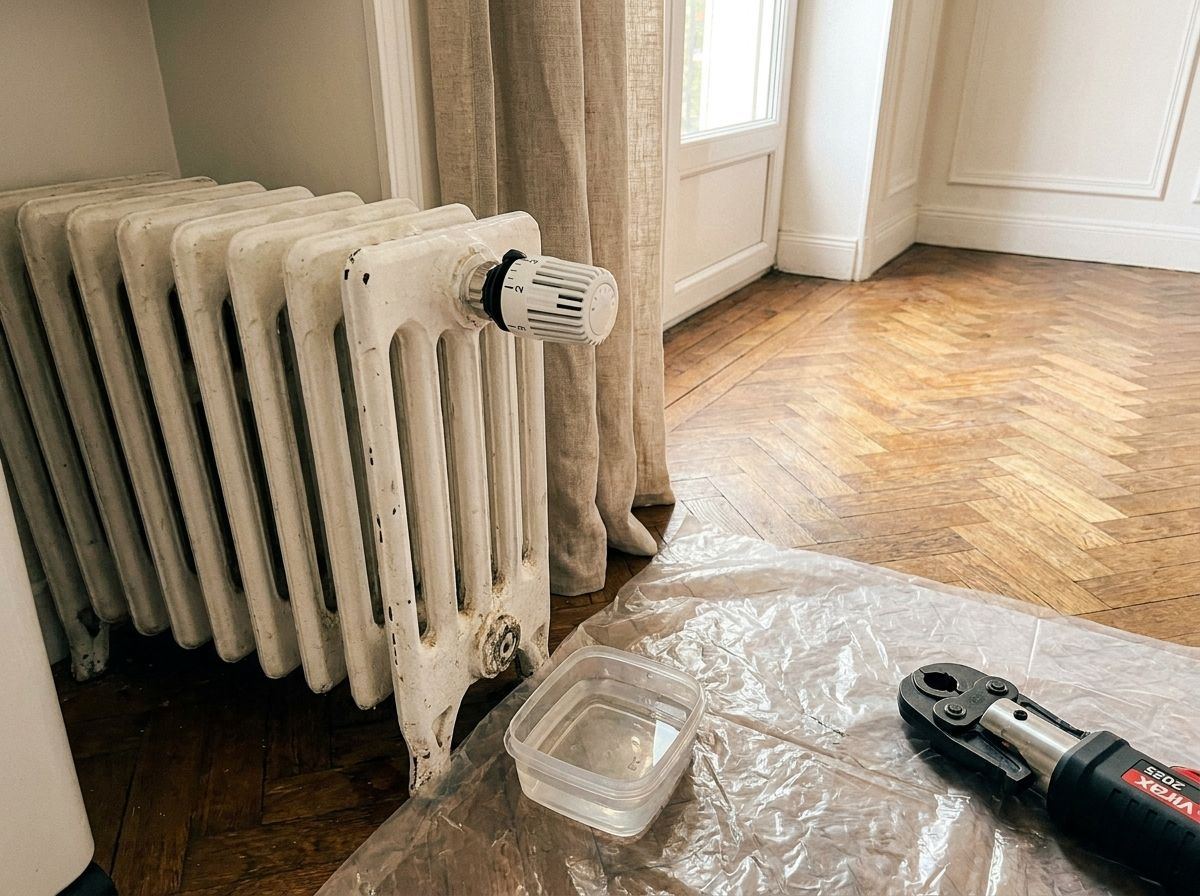 Radiateur en fonte avec robinet thermostatique neuf, eau claire dans le récipient