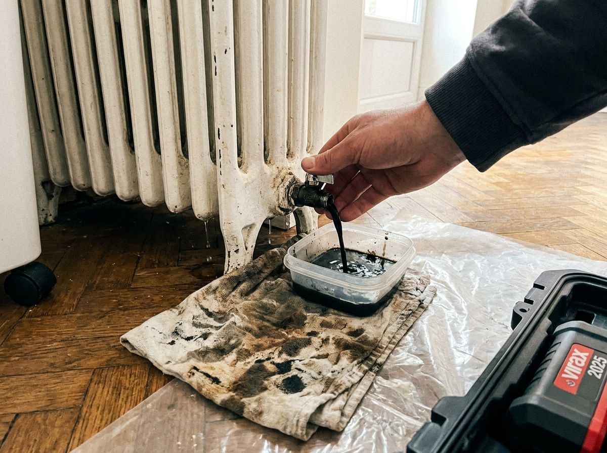Eau noire qui coule du radiateur en fonte dans un récipient, chiffon taché
