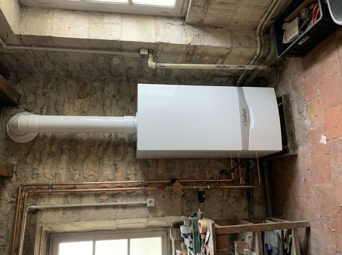 Chaudière Vaillant ecoTEC neuve au mur, ventouse blanche, tuyauteries cuivre