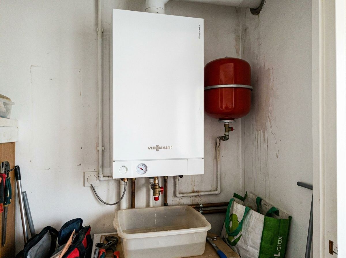 Viessmann Vitodens avec bassine sous la soupape et traces d'eau au mur